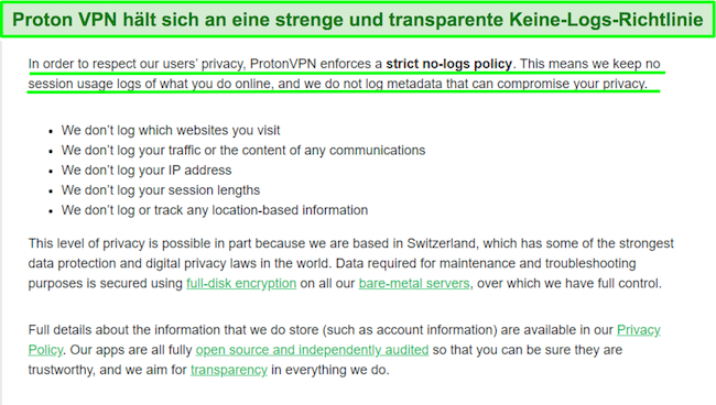 Screenshot einer Datenschutzerkl&auml;rung von Proton VPN zu seinen Protokollierungspraktiken