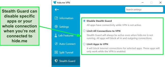 Screenshot of Stealth Guard settings in hide.me's Windows app