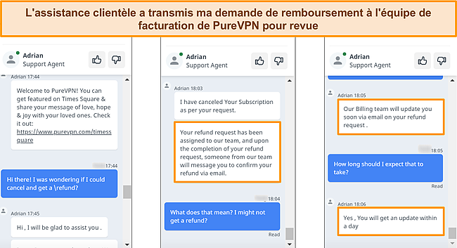 Capture d'&eacute;cran du service client de PureVPN r&eacute;pondant &agrave; une demande de remboursement et transmettant la demande &agrave; l'&eacute;quipe de facturation.