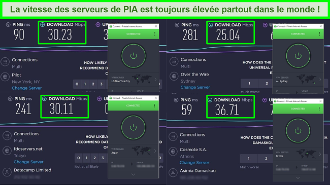 Captures d'&eacute;cran des tests de vitesse Ookla avec PIA connect&eacute; &agrave; diff&eacute;rents serveurs mondiaux.