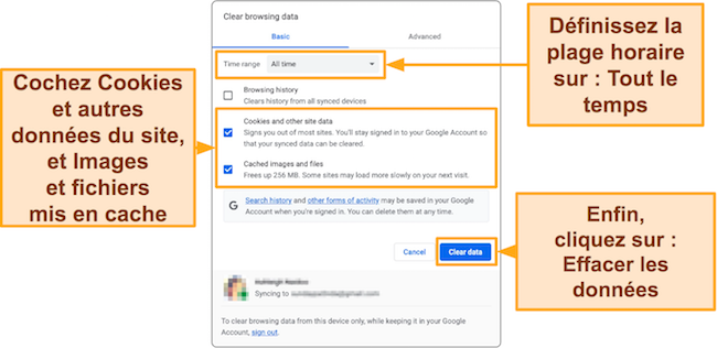 Un guide de capture d'&eacute;cran informatif montrant des instructions &eacute;tape par &eacute;tape sur la fa&ccedil;on de vider le cache dans Google Chrome