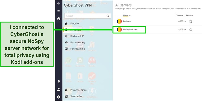 Screenshot of CyberGhost's NoSpy server in Romania