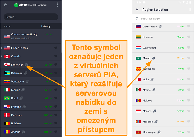 Sn&iacute;mek obrazovky desktopov&eacute;ho klienta PIA a programu pro Android, kter&yacute; ukazuje geolokovan&eacute; servery