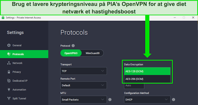 Billede af PIAs Windows-app, der viser de brugerdefinerbare funktioner, der kan give et netv&aelig;rkshastighedsboost