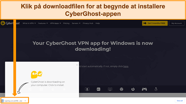 Sk&aelig;rmbillede af CyberGhost-appen, der downloades til en Windows-enhed.