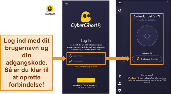 Sk&aelig;rmbillede af CyberGhosts Windows-app med brugernavn og adgangskodesektion fremh&aelig;vet.
