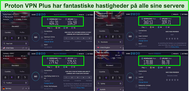 Sk&aelig;rmbillede af Proton VPN-hastighedstest, der viser servere i USA, Storbritannien, Tyskland og Australien