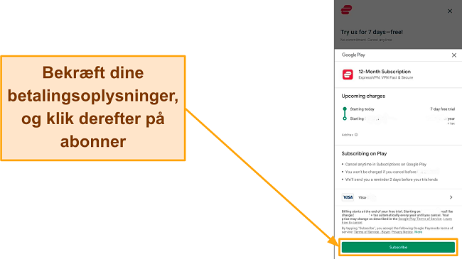 Sk&aelig;rmbillede af den endelige tilmeldingsbekr&aelig;ftelse p&aring; Google Play, med knappen Abonner fremh&aelig;vet.
