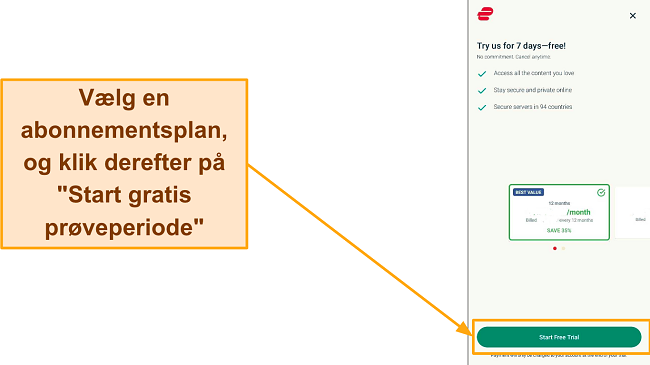 Sk&aelig;rmbillede af planvalgssiden med knappen "Start gratis pr&oslash;veversion" fremh&aelig;vet.