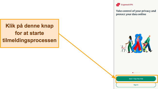 Sk&aelig;rmbillede af ExpressVPN-logonsiden med "Start 7-Day Free Trial" fremh&aelig;vning.