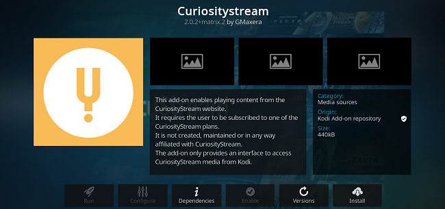 Sn&iacute;mek obrazovky s doplňkem pro Kodi CuriosityStream