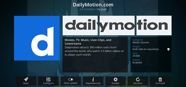 Sn&iacute;mek obrazovky s doplňkem pro Kodi DailyMotion