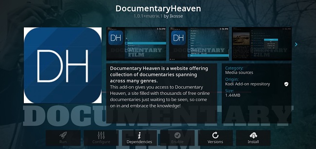 Sn&iacute;mek obrazovky s doplňkem pro Kodi add-on DocumentaryHeaven