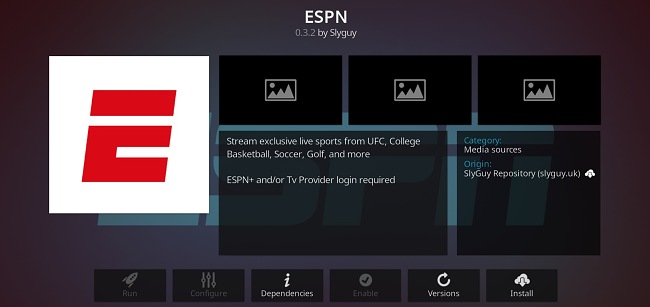 Sn&iacute;mek obrazovky s doplňkem pro Kodi ESPN