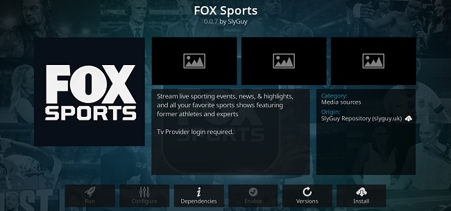 Sn&iacute;mek obrazovky s doplňkem pro Kodi Fox Sports