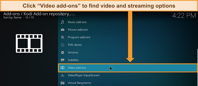 Screenshot showing the "Video add-ons" option in the official Kodi repository.