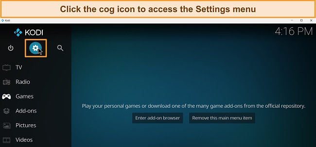 Screenshot of Kodi with the cog icon highlighted.