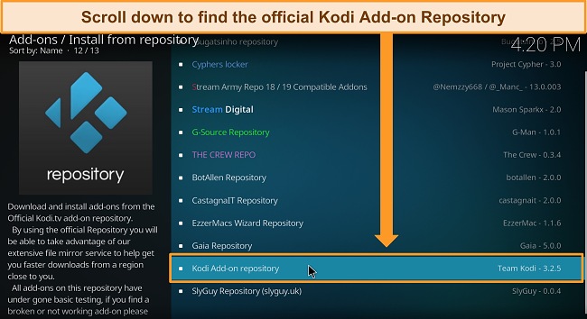 Screenshot of Kodi showing where the official Kodi add-on repository is.