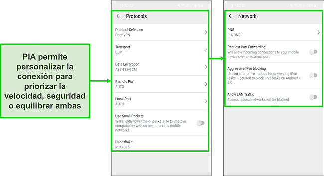 Captura de pantalla de la configuraci&oacute;n de seguridad de PIA en Android.