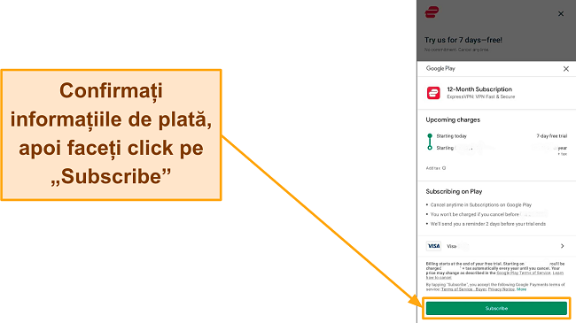 Captură de ecran a confirmării finale a &icirc;nscrierii pe Google Play, cu butonul Abonare evidențiat.