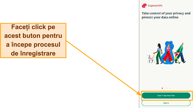 Captură de ecran a paginii de conectare ExpressVPN, cu evidențierea 