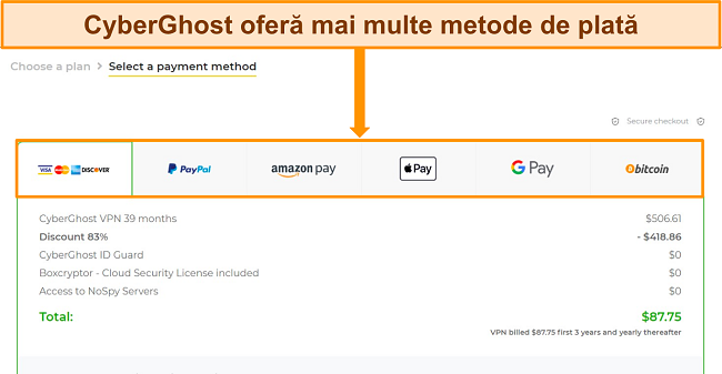 Obțineți o versiune de &icirc;ncercare gratuită a CyberGhost, alegeți o metodă de plată