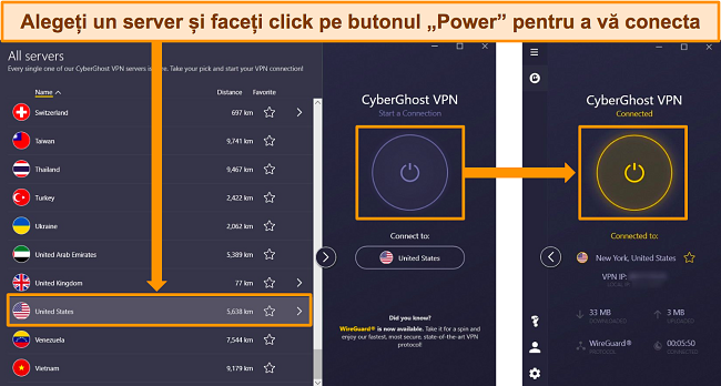 Capturi de ecran ale meniului serverului CyberGhost care detaliază cum să vă conectați la un server din SUA.