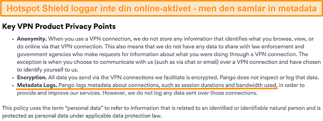 Sk&auml;rmdump av Hotspot Shields sekretesspolicy