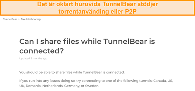 Sk&auml;rmdump av TunnelBears fels&ouml;kningssida om fildelning