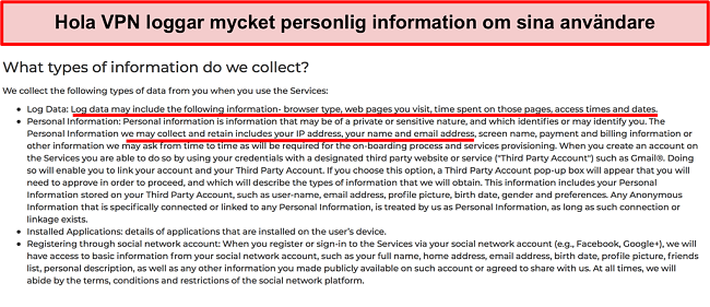 Sk&auml;rmdump av Hola VPN-sekretesspolicy som visar den loggar IP-adress