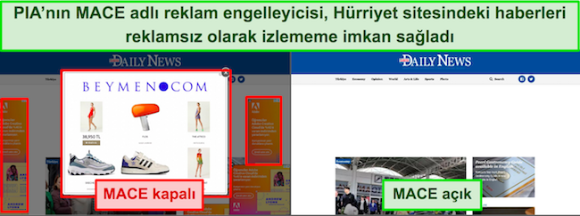 &Ouml;zel İnternet Erişimi MACE'nin H&uuml;rriyet haber sitesindeki reklamları kaldırmasının ekran g&ouml;r&uuml;nt&uuml;s&uuml;
