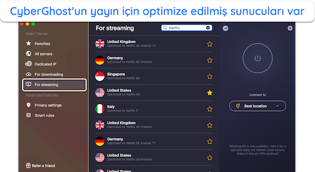CyberGhost'un Netflix i&ccedil;in optimize edilmiş sunucularının ekran g&ouml;r&uuml;nt&uuml;s&uuml;