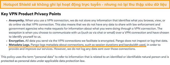 Ảnh chụp m&agrave;n h&igrave;nh ch&iacute;nh s&aacute;ch bảo mật của Hotspot Shields