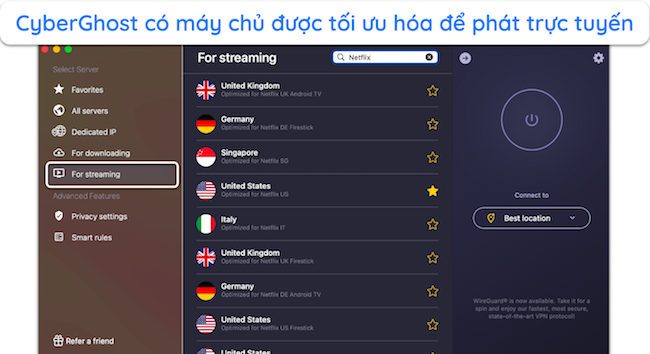 Ảnh chụp m&agrave;n h&igrave;nh m&aacute;y chủ được tối ưu h&oacute;a của CyberGhost cho Netflix