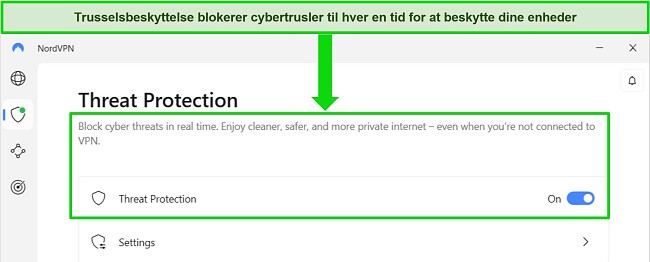 Sk&aelig;rmbillede af NordVPNs Windows-app, der viser, at funktionen Threat Protection er altid t&aelig;ndt.