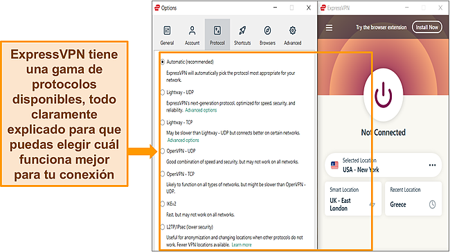 Captura de pantalla de la aplicaci&oacute;n de Windows de ExpressVPN con su lista de protocolos resaltada.