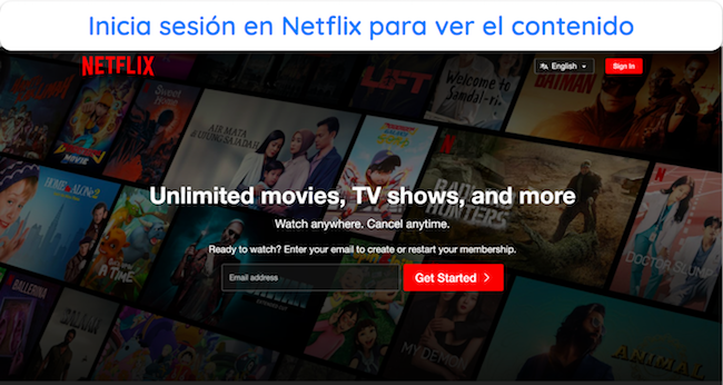 Captura de pantalla de la p&aacute;gina de inicio de sesi&oacute;n de Netflix