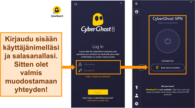 N&auml;ytt&ouml;kaappaus CyberGhostin Windows-sovelluksesta, jossa k&auml;ytt&auml;j&auml;nimi- ja salasanaosio on korostettuna.