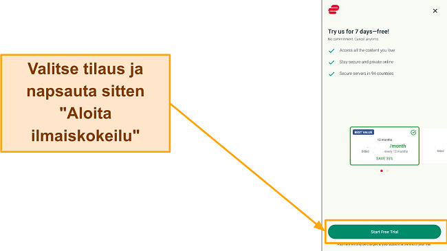 Kuvakaappaus suunnitelman valintasivusta, jossa "Aloita ilmainen kokeilu" -painike on korostettuna.