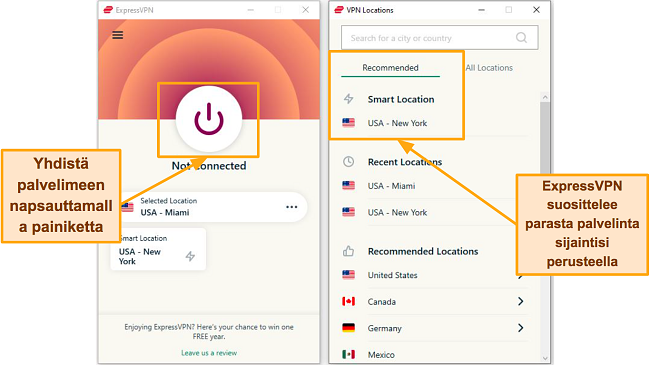 Kuvakaappaus ExpressVPN-yhteyssivuista ja palvelinluettelosta