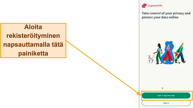 Kuvakaappaus ExpressVPN-sis&auml;&auml;nkirjautumissivusta, jossa korostus "Aloita 7 p&auml;iv&auml;n ilmainen kokeilu".