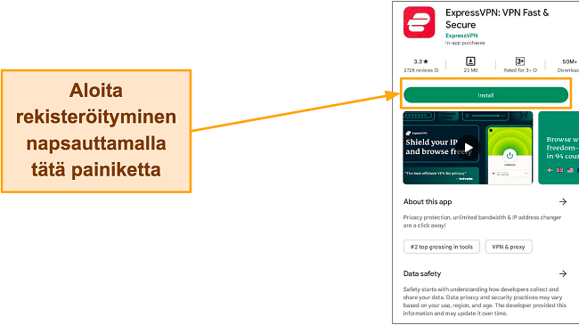 Kuvakaappaus ExpressVPN:st&auml; Google Playssa