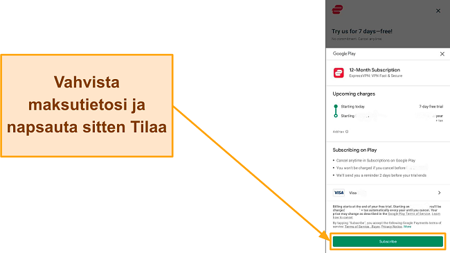Kuvakaappaus lopullisesta rekister&ouml;itymisvahvistuksesta Google Playssa, jossa Tilaa-painike korostettuna.