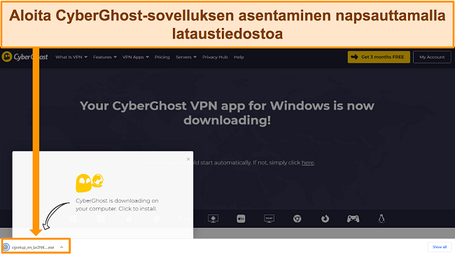 N&auml;ytt&ouml;kaappaus CyberGhost-sovelluksen lataamisesta Windows-laitteeseen.