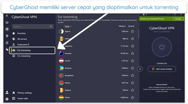 Screenshot of CyberGhost's torrent-optimized servers