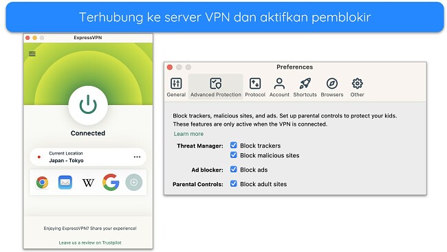 Cuplikan layar ExpressVPN yang terhubung ke server dan opsi pemblokir Perlindungan Lanjutannya