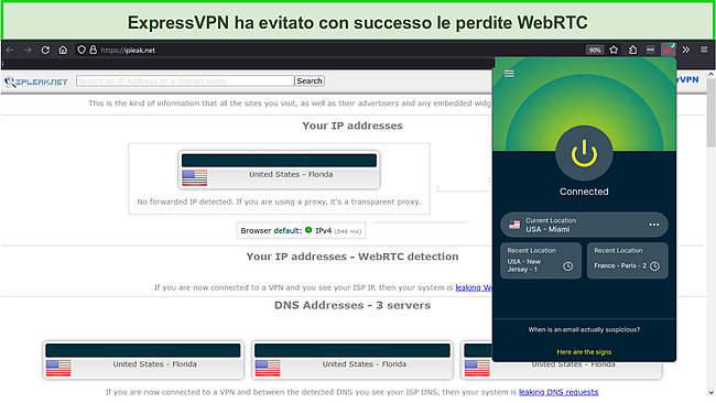 Risultati del test di velocit&agrave; di un test di tenuta WebRTC per ExpressVPN.