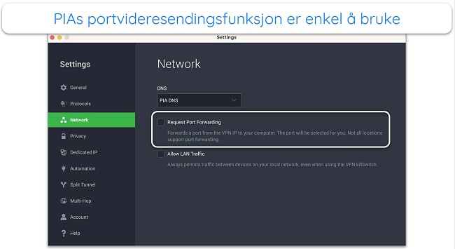 Skjermbilde av PIAs portvideresendingsfunksjon p&aring; appen