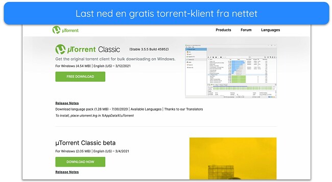 Skjermbilde av uTorrent nedlastingsside