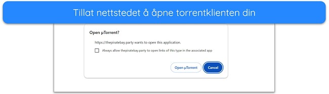 Skjermbilde av varsling for &aring; &aring;pne uTorrent-klient